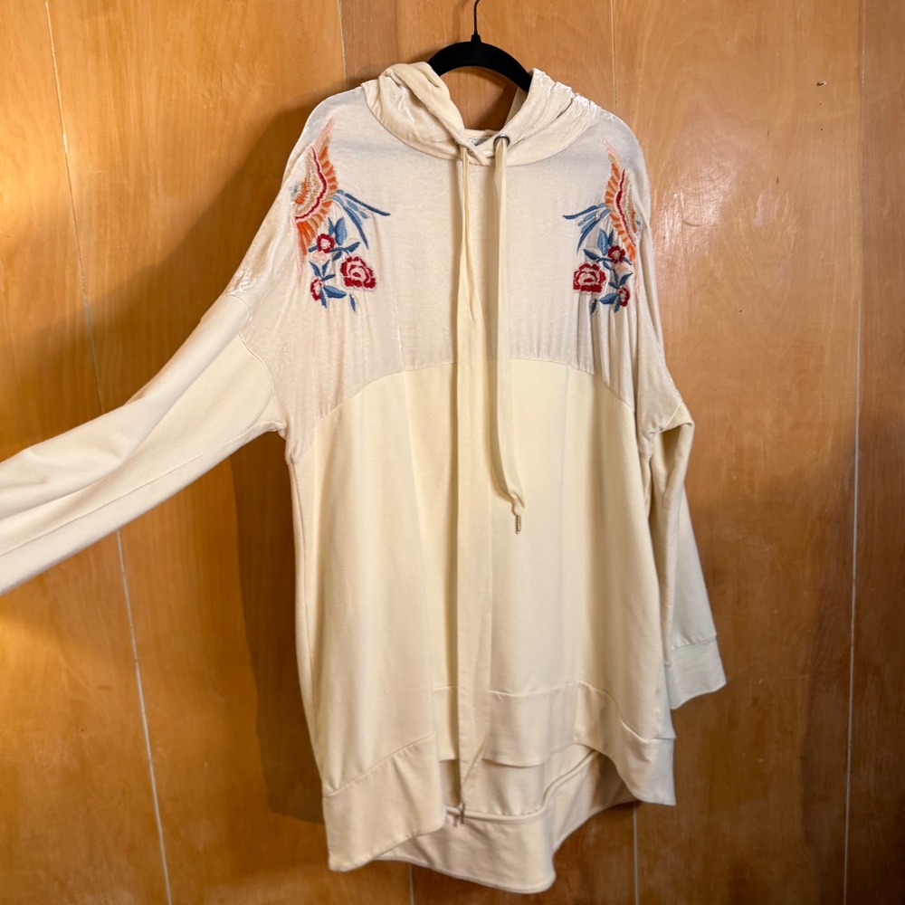 Love Johnny Was Cream Embroidered‎ Birds Velvet Hoodie Sweatshirt Small - Picture 10 of 11
